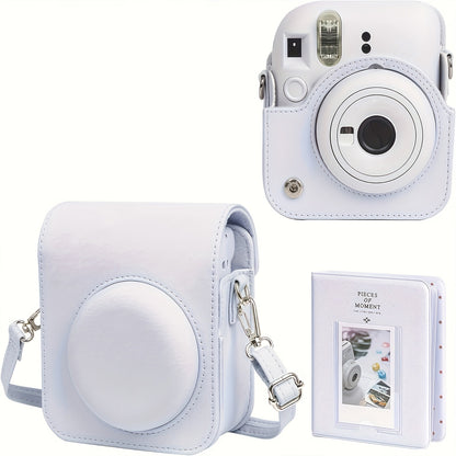 Protective faux leather case for Fujifilm Mini 12 camera with light-sensitive hole and lens compatibility. Durable accessory.