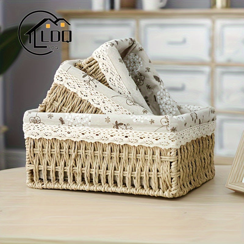 3pcs LDQ handmade rattan storage baskets with lace accents, vintage rustic style woven organizer for cosmetics and sundries, includes fragrance-free paper liner.