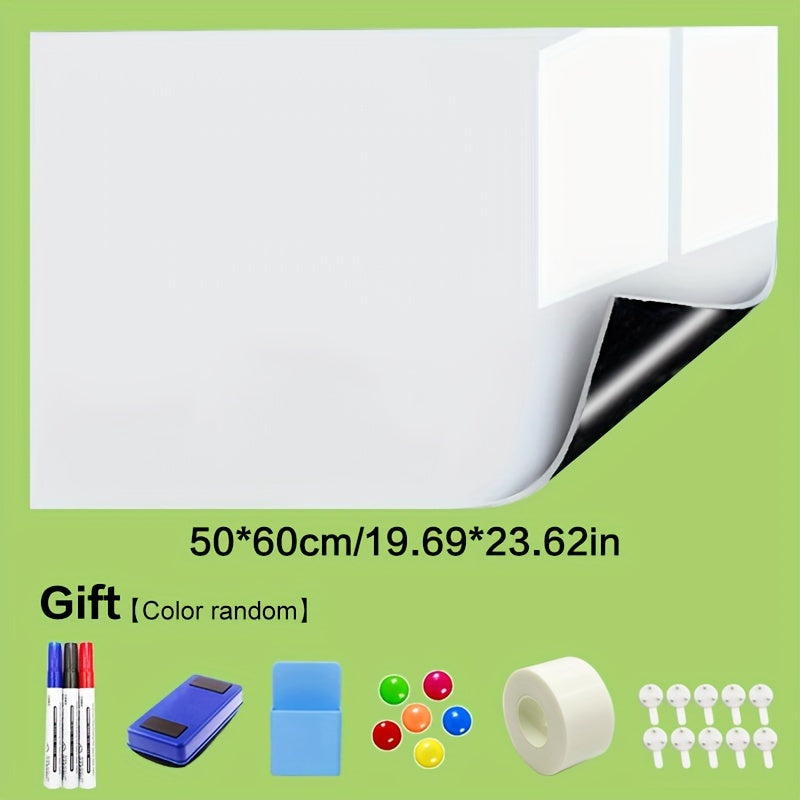 Magnetic whiteboard sheet with PET surface, easy stick & peel, includes markers & accessories - perfect for home or office use.