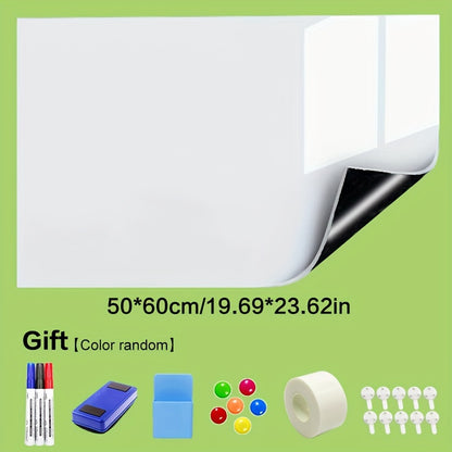 Magnetic whiteboard sheet with PET surface, easy stick & peel, includes markers & accessories - perfect for home or office use.