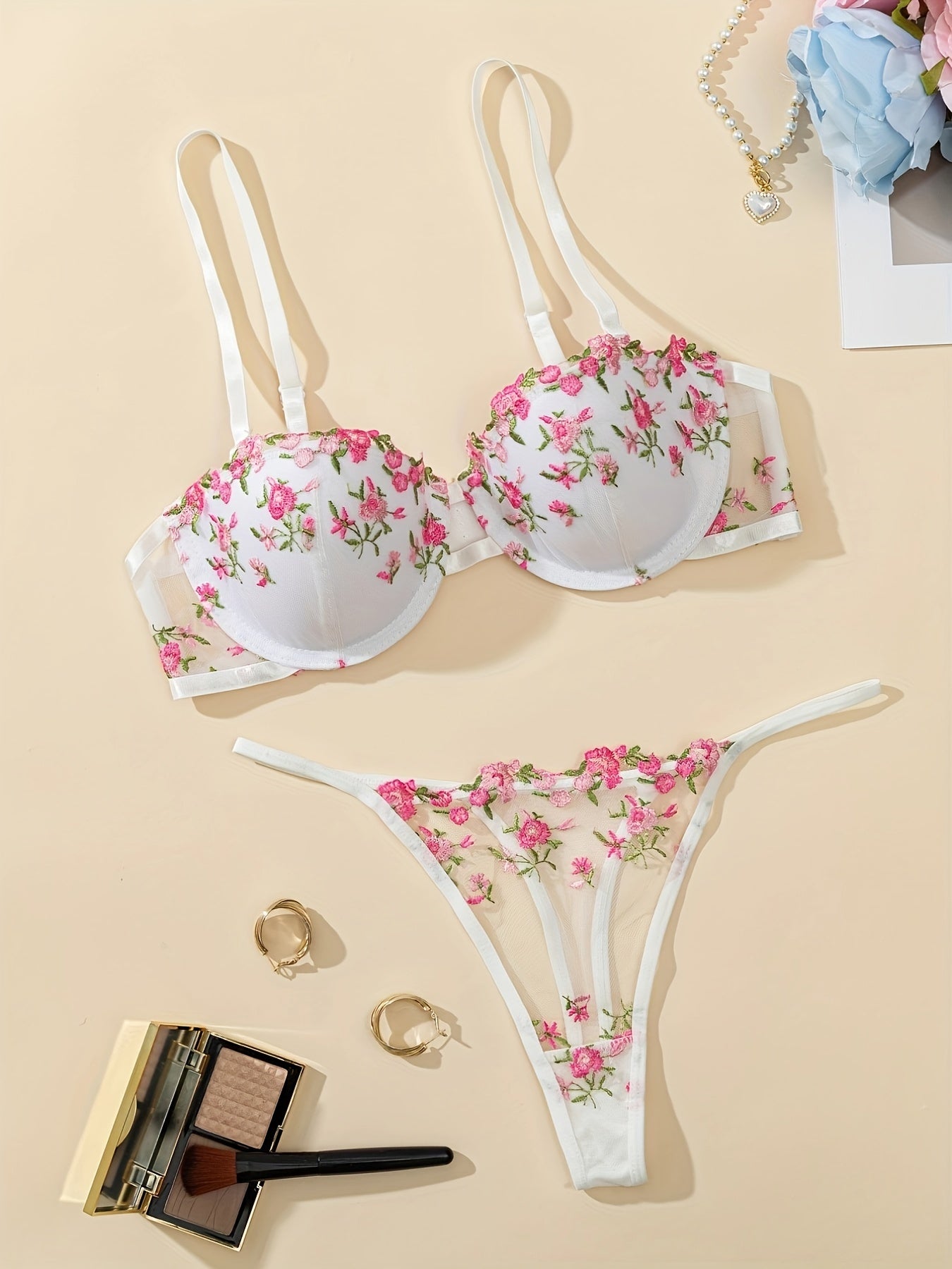 Floral embroidered lingerie set for women - underwire bra & mesh thong, breathable polyester blend, non-removable pads.