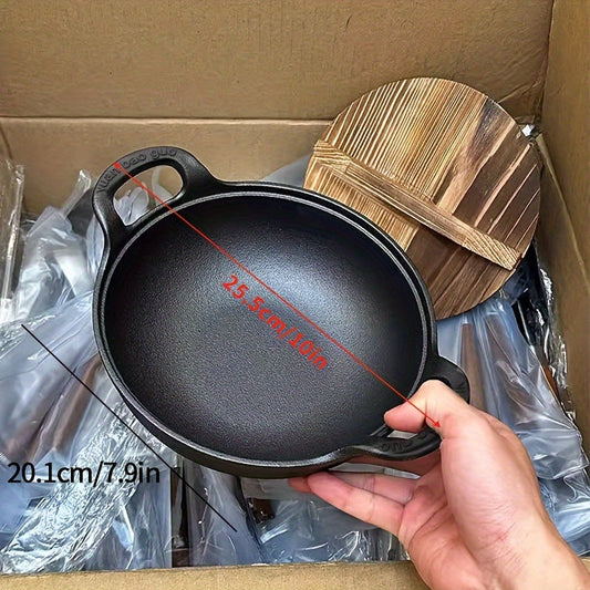 This durable cast iron flat bottom pan comes with a wooden lid and features a non-stick surface, heat-resistant handle making it ideal for soups, stews, and steaming. This multifunctional cookware is perfect for home dining and creating healthy meals.