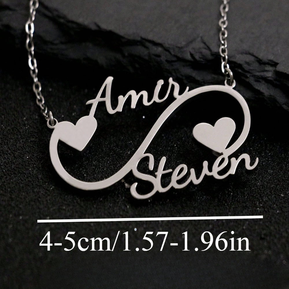 This one-of-a-kind necklace is personalized with two names and features an infinity design, making it perfect for women. Crafted from durable stainless steel, the necklace boasts a unique heart-shaped pendant. With its sleek silver chain, this necklace