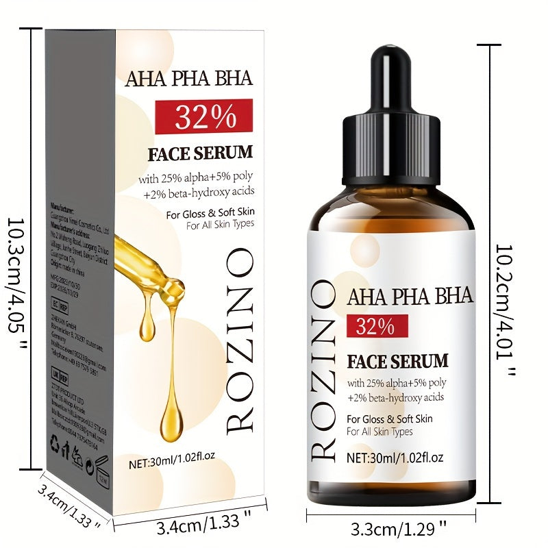 ROZINO 30ml Face Serum with AHA 32% + BHA 3% - Deep hydration, smooths lines & pores, fragrance-free, hypoallergenic. Suitable for all skin types, including sensitive.