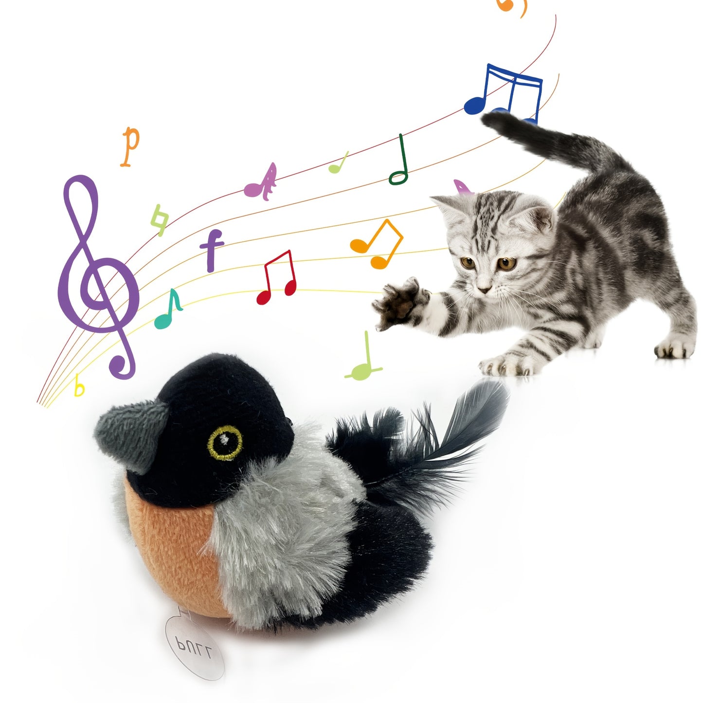 Sparrow-shaped fabric pet toy with animal print, battery-operated. Safe button battery for interactive play with cats of all sizes.