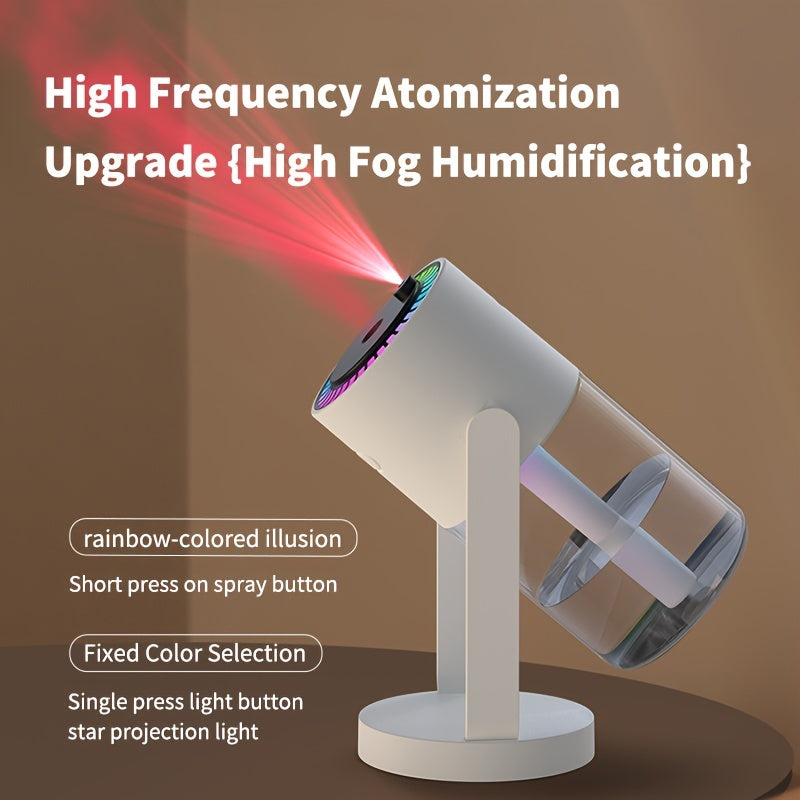 1pc USB-powered ultrasonic humidifier aromatherapy diffuser with 280mL capacity, starry sky projector top, and dual spray patterns. Small size suitable for home, office, or travel.