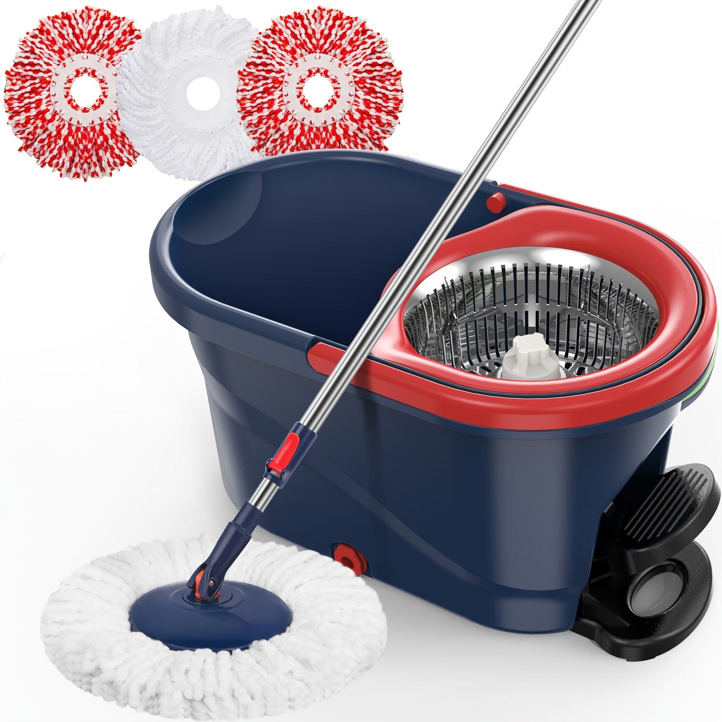 This Navy Red Heavy-Duty Spin Mop and Bucket Set with Wringer includes 5 reusable pads, making it ideal for both indoor and outdoor use. This spin mop and bucket system is perfect for cleaning floors effectively.