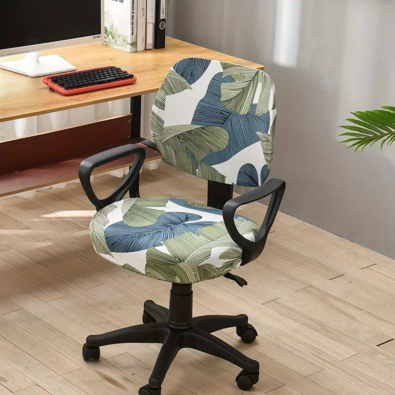 Elastic slipcover for computer dining chair, spandex material, washable and suitable for office or home decor.