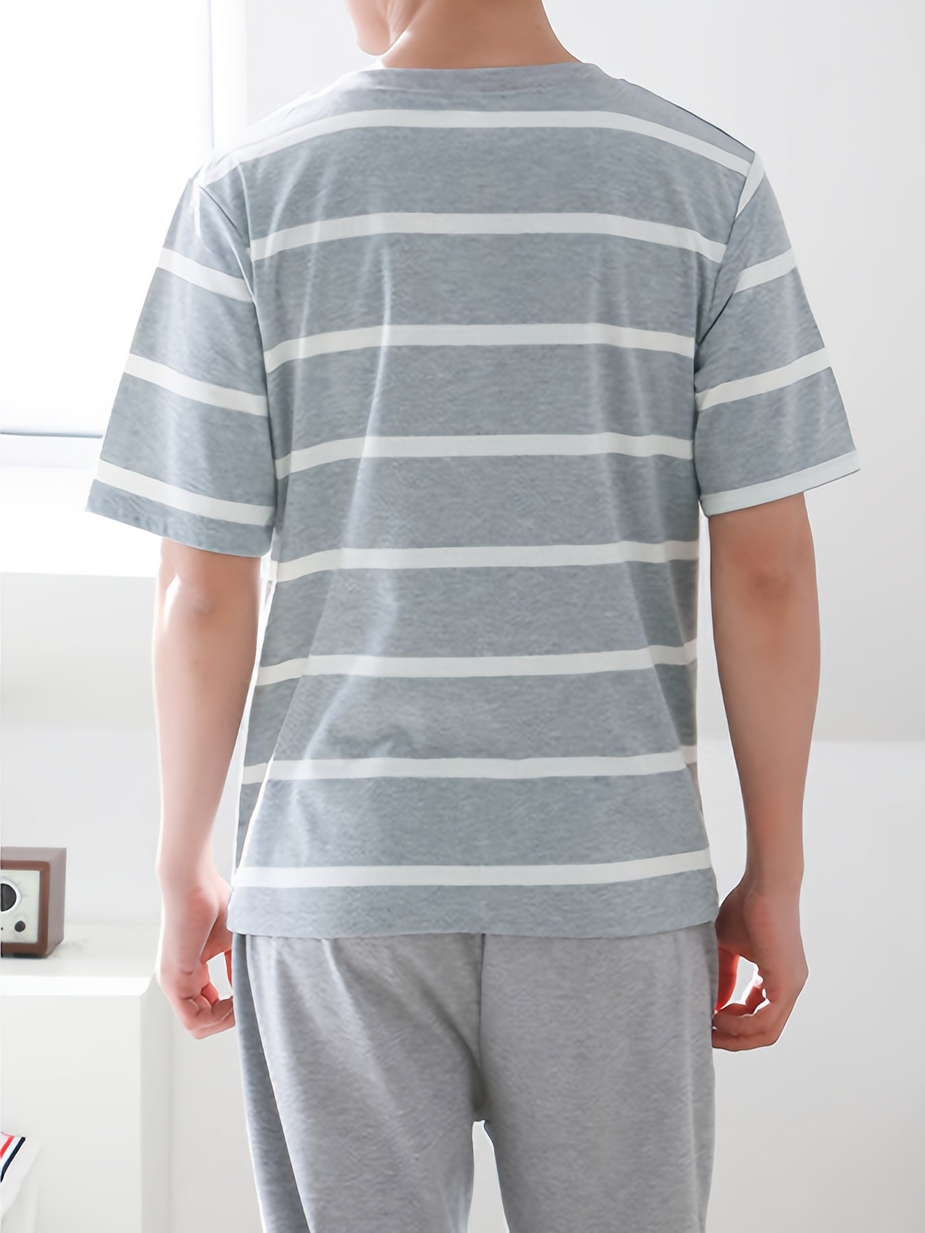 Gray Striped Short Sleeve Top and Long Pants, Men's Pajama and Home Wear Set