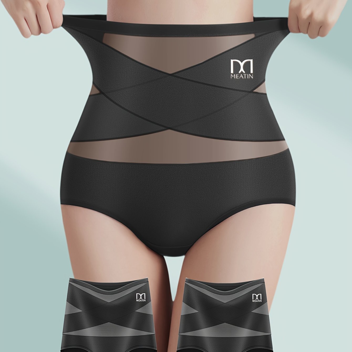 Women's High Waist Tummy Control Panties with Cross-Strap Design, Mesh Panel, Butt Lift - Black Shapewear