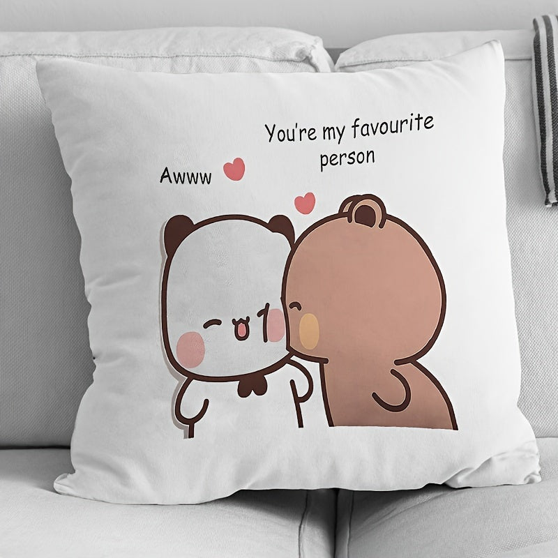 Velvet cushion cover featuring cute Bubu & Dudu panda bears in a cartoon couple design with "You're My Favorite Person" text. Cozy square throw pillow case for home decor, machine washable with zipper closure.