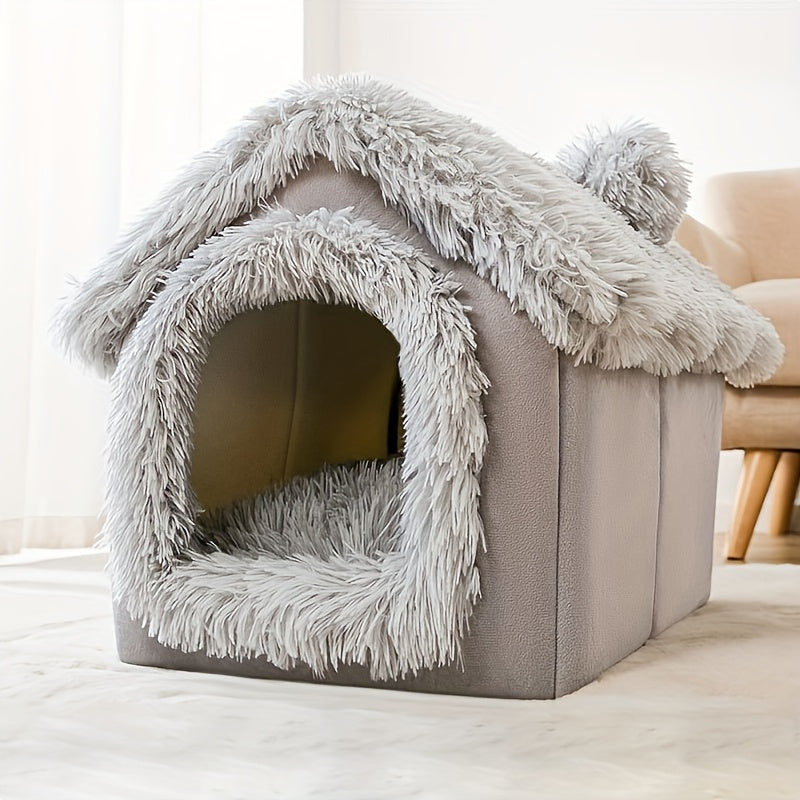 Plush pet bed for cats and dogs with removable non-slip bottom, suitable for four-season use in a semi-enclosed design.