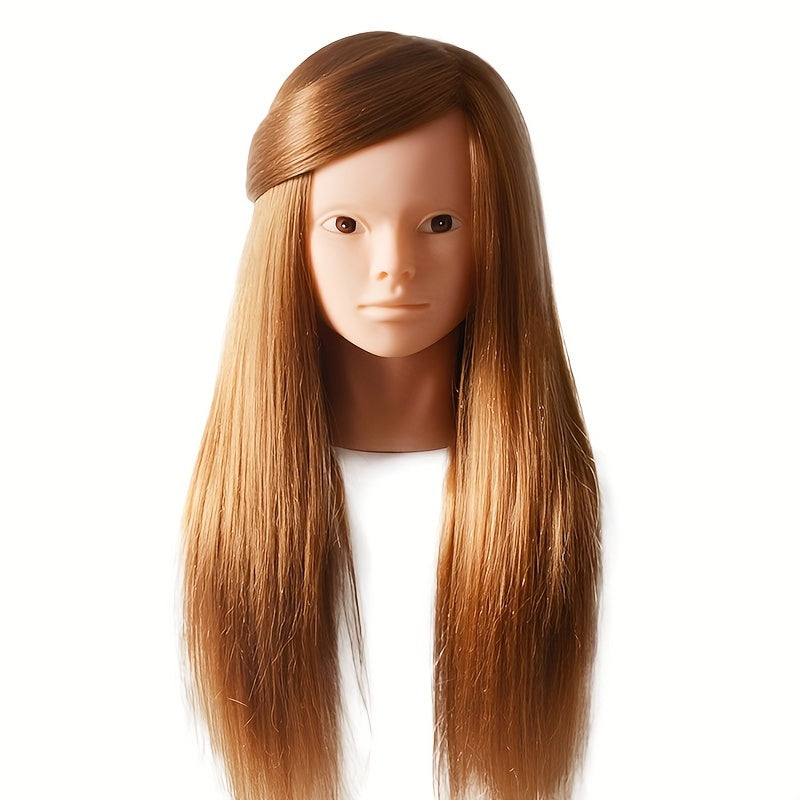 Mannequin head with 85% real human hair for professional hair styling, includes stand for braiding, curling, and perm practice.