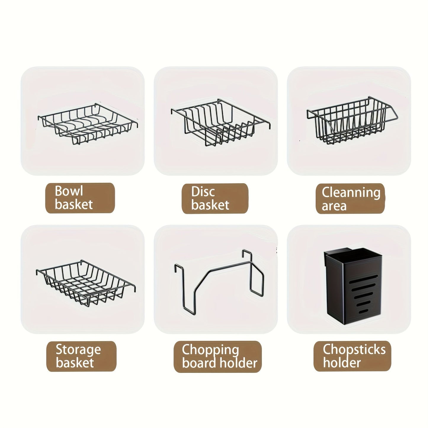 Large black metal dish drying rack that fits over the sink, includes detachable shelf with utensil holder, cup rack, and cleaning sponge caddy. Saves space in the kitchen and doesn't require electricity. Great for organizing kitchen storage.