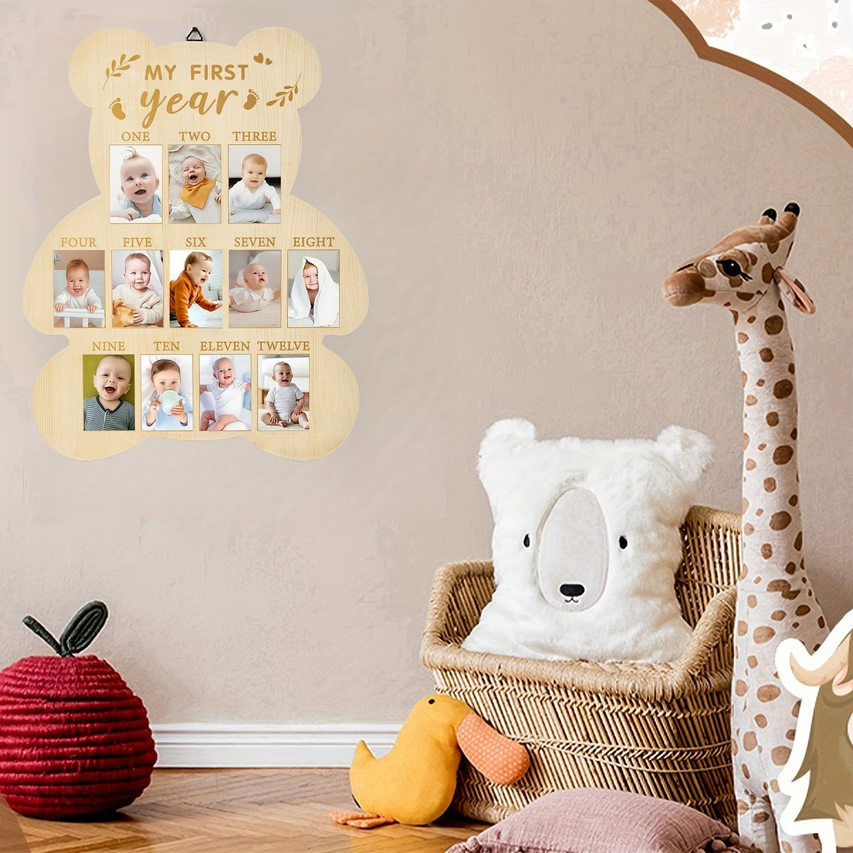 Wooden Bear First Year Milestone Photo Frame, Vertical Poster Frame with Polished Finish, Growth Memorial Table Decor, Adorable Nursery Ornament, Vertical Poster Frame for Living Room, Perfect for Calendar Cards, 1st Birthday Keepsake, Ideal Shower Gift