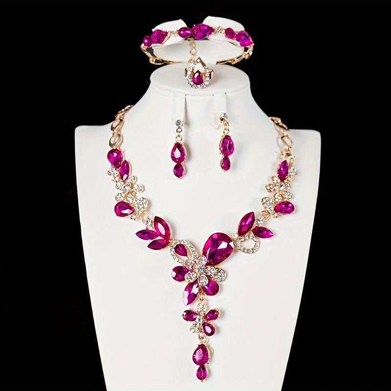 Choose Your Preferred Color Elegant Jewelry Set with Dangle Earrings, Necklace, Bracelet, and Ring. Perfect for Engagement, Wedding, or Eid Gifts. Paved with Rhinestones.