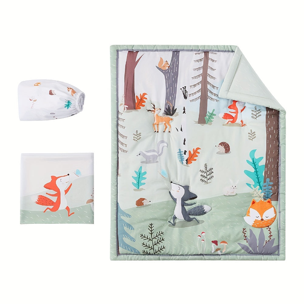 Woodland Animal Nursery Bedding Set includes 3 pieces of BEEWEED polyester crib sheets with a soft blanket and skirt for boys and girls. This machine washable set is perfect for Christmas, Thanksgiving, and Halloween gifts.