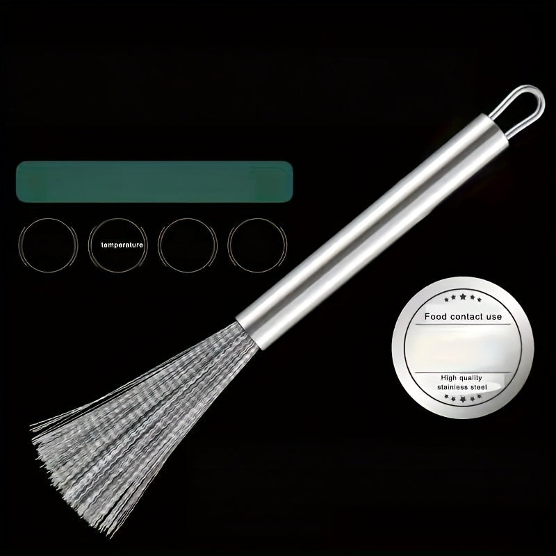 A stainless steel kitchen brush with a long handle and multiple functions, designed for cleaning pots and pans.