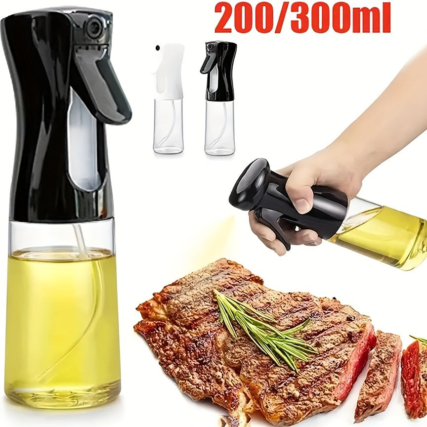 Basic push-type atomizer oil spray bottle for household use, ideal for spraying edible oils in the kitchen. Large capacity plastic container with no-drip design.