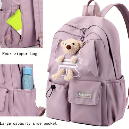 Purple women's casual nylon backpack with laptop compartment, adjustable strap and tassel detail. Features polyester lining, zipper closure, and fashionable shoulder bag design for going