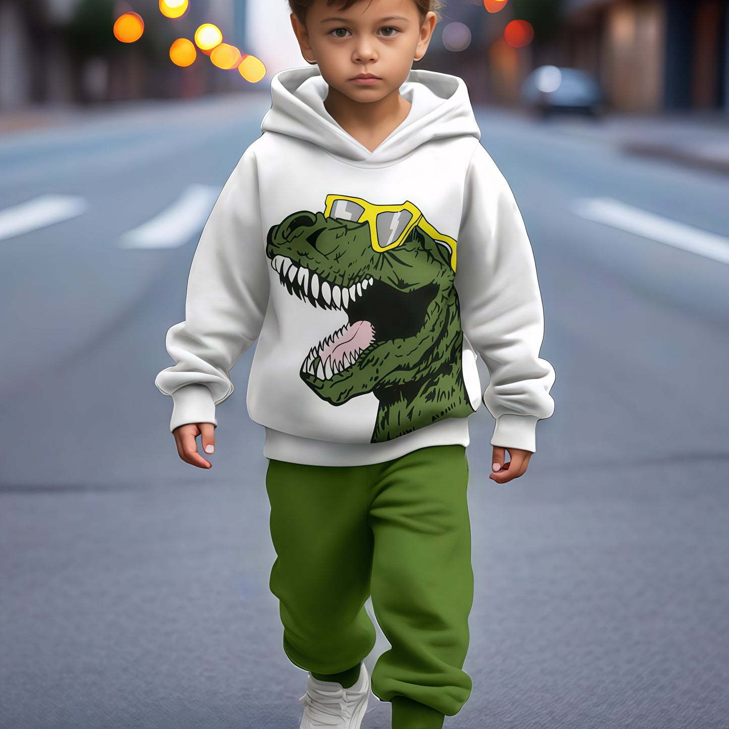 2-piece dinosaur print sweatshirt sports suit for boys, ideal for outdoor wear in spring and autumn. Comfortable fabric, great gift for youngsters.