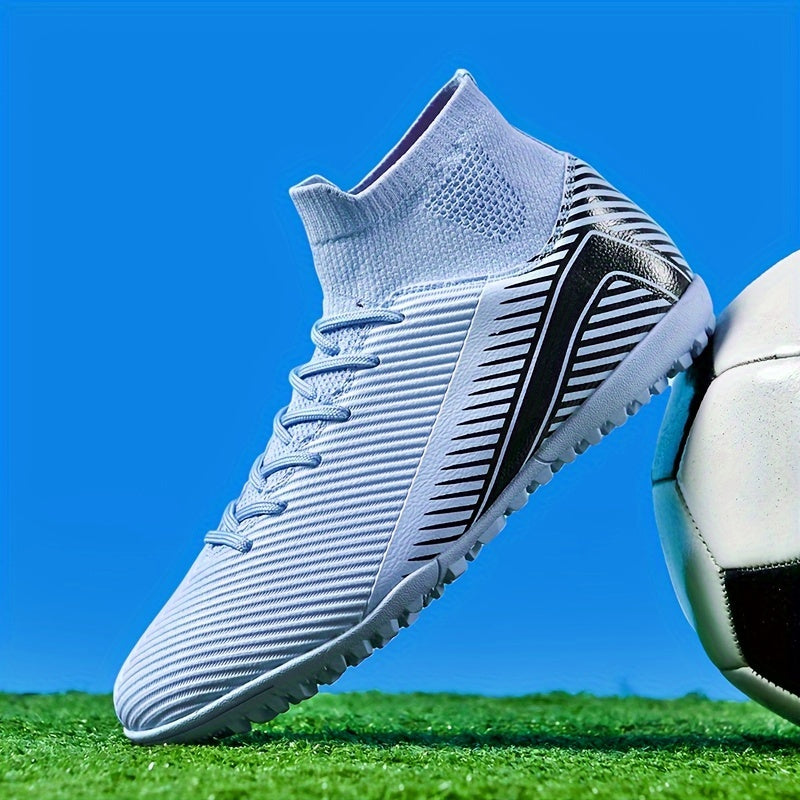 Men's soccer shoes with stripe pattern, lace-up cleats, non-slip rubber sole, durable PU upper, and TF studs for indoor and outdoor use, suitable for both youth and adults.