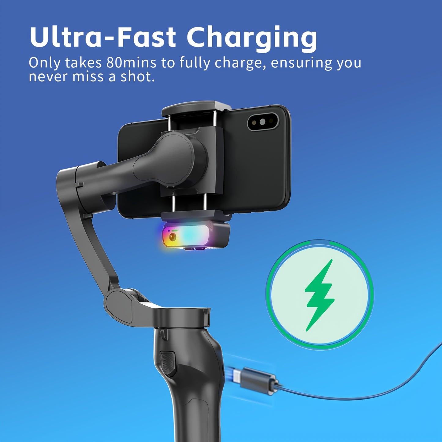 3-axis smartphone stabilizer with RGB lighting, face tracking and wireless capabilities. Rechargeable with USB, works with Apple and Samsung phones. Perfect for video shooting and holiday