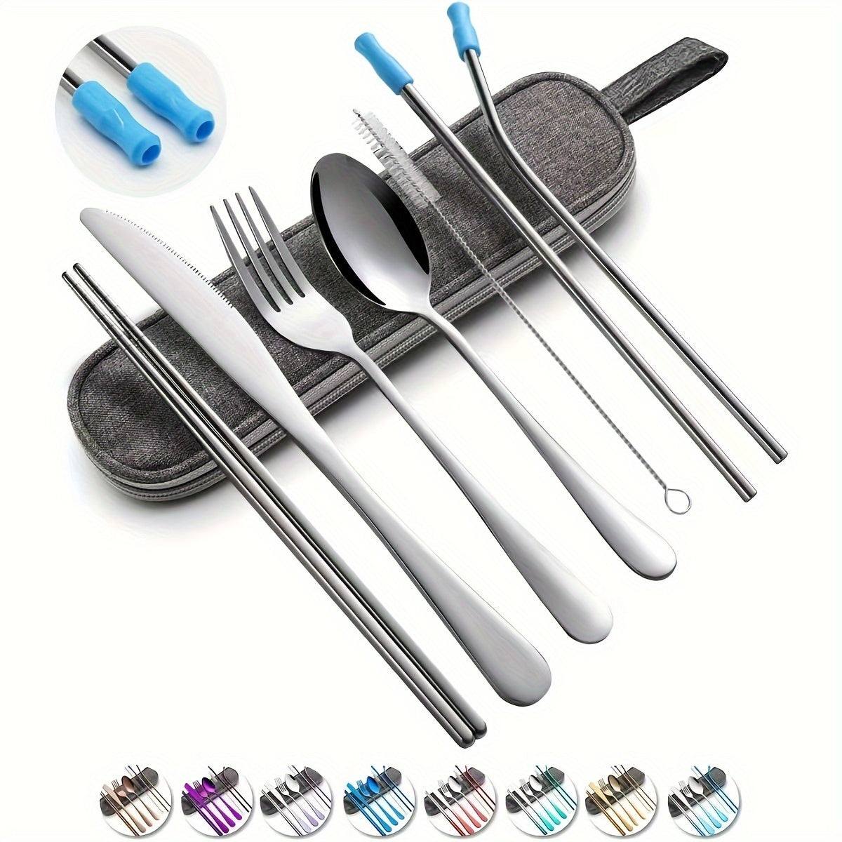 Travel camping set with 8 pieces of stainless steel cutlery includes knife, fork, spoon, chopsticks, cleaning brush, straw, and carry case.