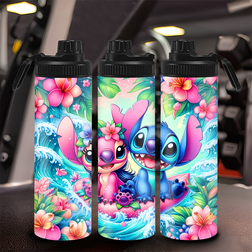 1pc 20oz Stainless Steel Water Container featuring Stitch and Angel cartoon characters, insulated for hot/cold beverages, perfect for outdoor travel, a great Christmas or Birthday gift, with lockable lid and BPS-Free.