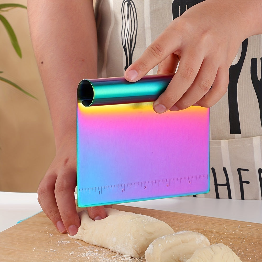 The Golden Fantasy Color Scraper is a versatile kitchen tool that comes in multiple colors. With its scale for easy operation, this scraper effortlessly shaves surfaces.