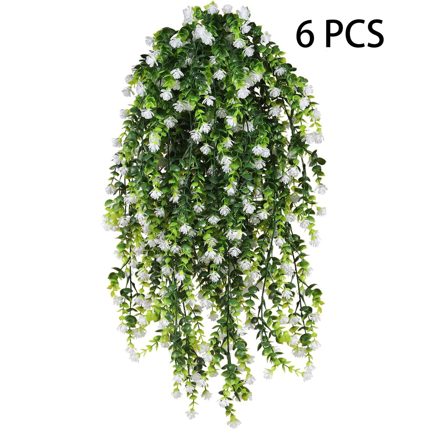 6 PCS UV resistant artificial hanging plants with detachable eucalyptus tea flowers. Perfect for indoor/outdoor walls, gardens, weddings, and home décor.