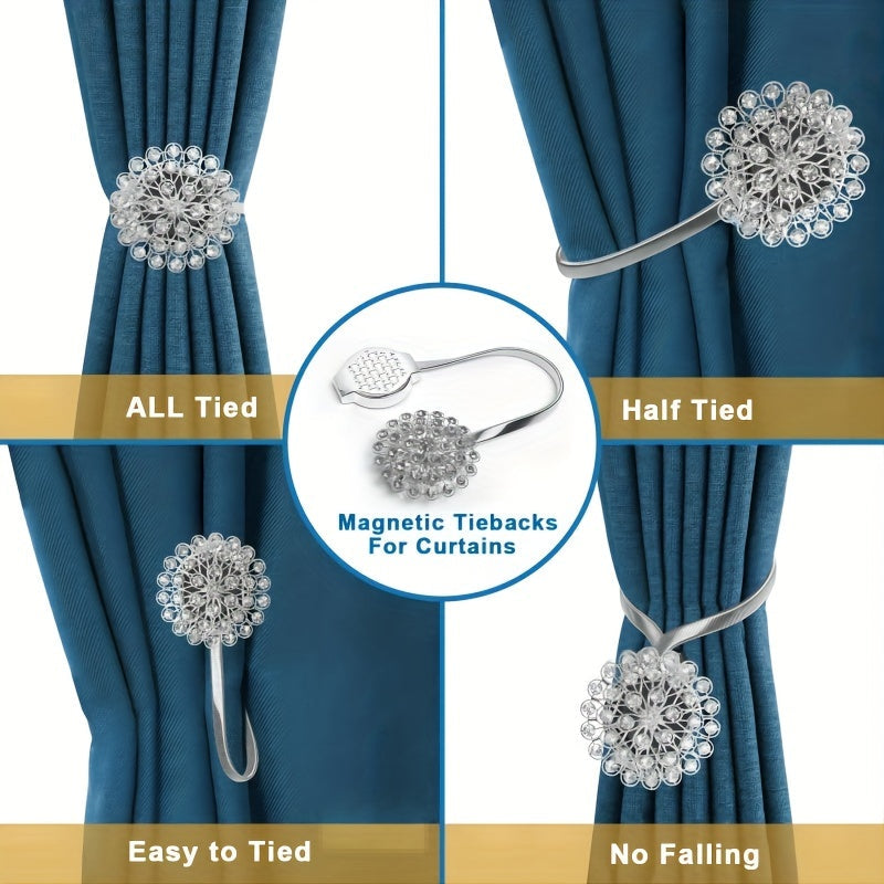 Decorate your home or office with a magnetic strip for curtains featuring a dazzling crystal flower tieback that includes a high elastic spring wire.