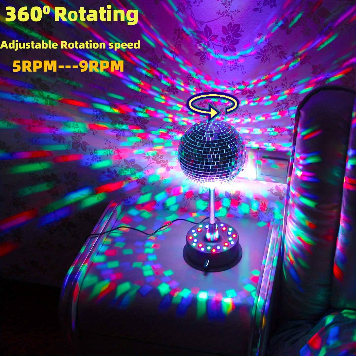 6" Disco Ball Light with Adjustable Rotation (5-9 RPM) - 24 RGB LEDs, USB/Battery Powered, Ideal for Parties, Clubs & Home Décor.