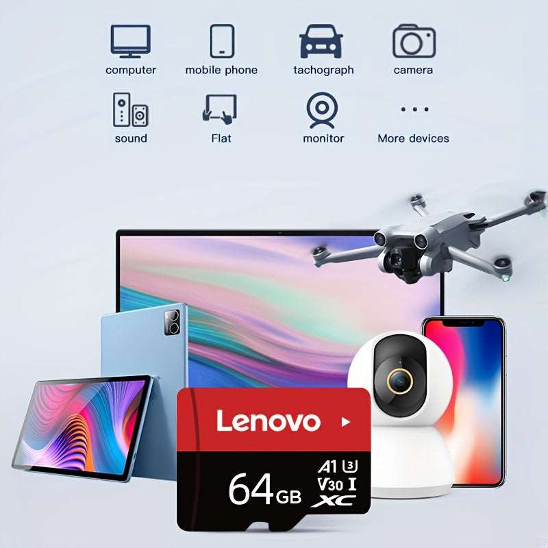 Lenovo High-Speed SD Card, sizes ranging from 32GB to 256GB, with UHS Class 10, V30, and A1 compatibility. Includes Micro SD adapter for multiple devices.