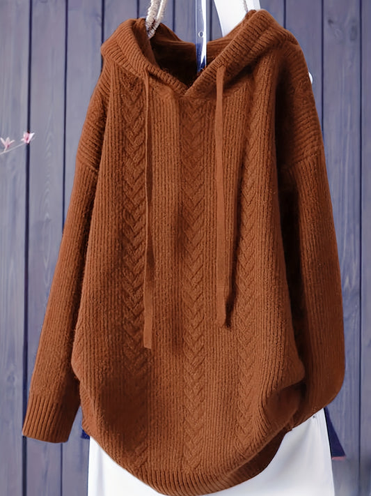 Women's plus size hooded sweater for fall & winter, solid color with drawstring, casual long sleeve.