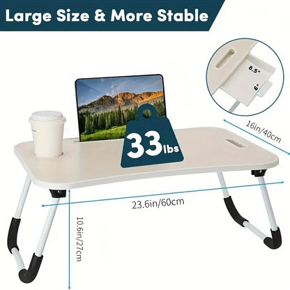 Large portable laptop bed table with cup holder and drawer, ideal for eating, reading, and writing in bed or on sofas.