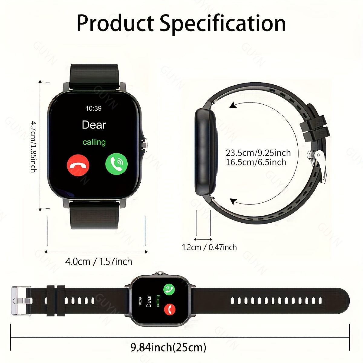 Smart watch with HD display, sports modes, notifications, weather forecast, borderless design, wireless calling, and USB charging. Ideal gift for both men and women, compatible with Android