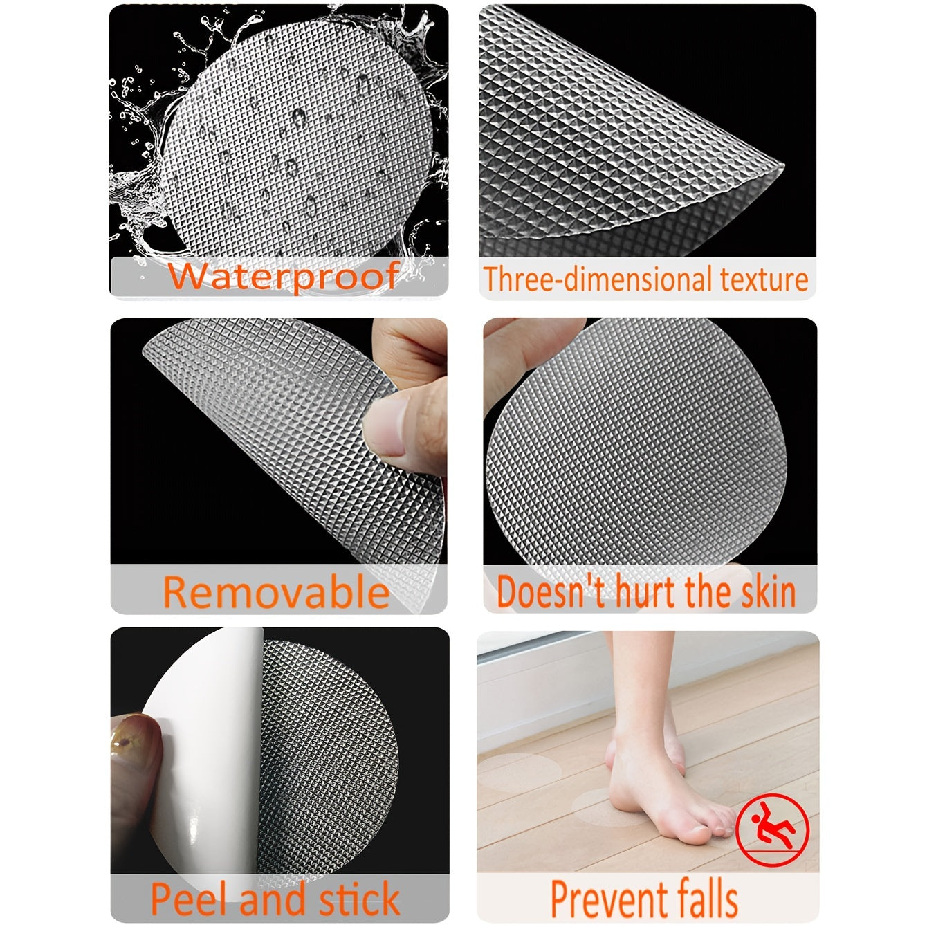 10 pieces of waterproof anti-slip stickers designed for bathroom and shower use. The transparent PEVA tape ensures non-slip safety, making it easy to apply and remove. These stickers protect floors and steps, providing an added layer of safety in wet