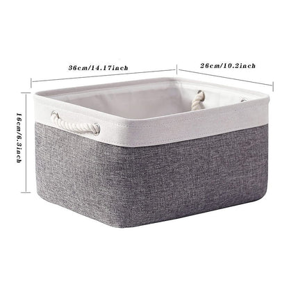 Chic White & Gray Rectangular Linen Storage Basket with Rope Handles - Versatile Folding Design for Clothes, Toys, & More - Perfect for Organizing Closets, Nurseries, & Home - Laundry Basket