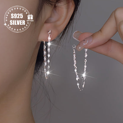 These stylish women's earrings are made of 925 silver and weigh approximately 0.7g in total. Featuring a unique double-layer lip chain tassel design, they can be worn on both the front and back. Hypoallergenic and fashionable, these earrings make a