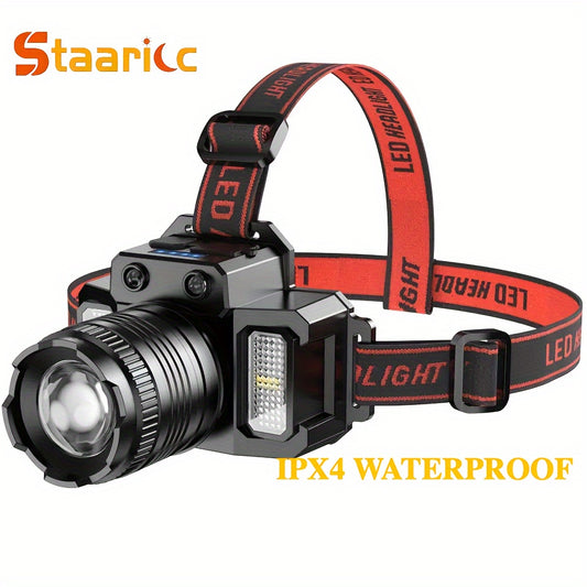 Staaricc HXP50+COB LED Headlight with rechargeable 1500mAh lithium battery, perfect for outdoor activities with multiple components.