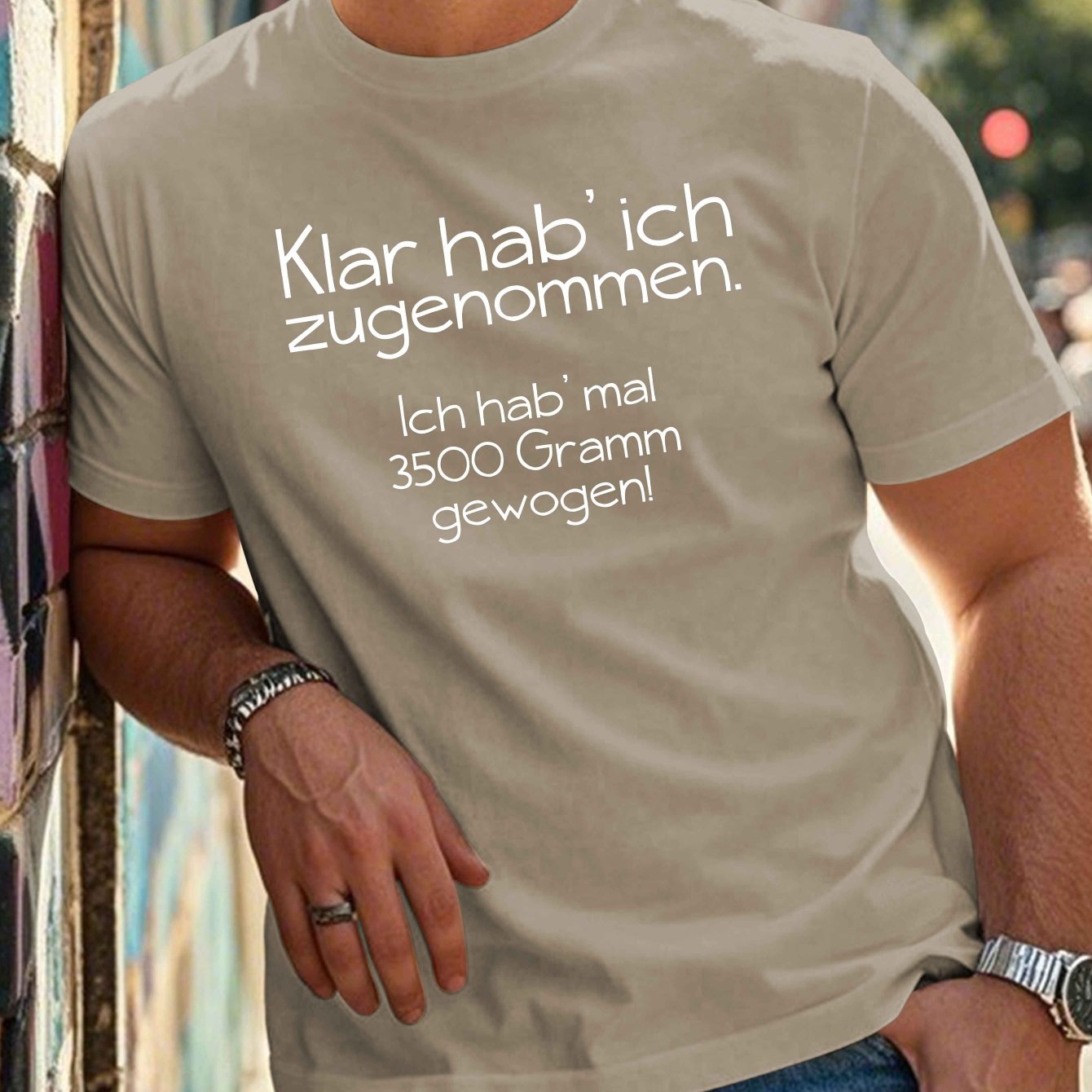 Men's 100% Polyester Crew Neck Tee in Geometric Pattern with German Quote, Regular Fit, PLUS SIZE