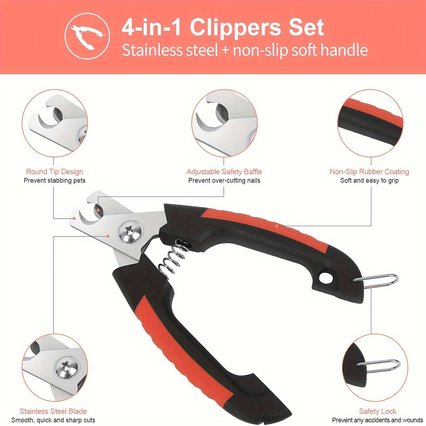 Professional dog nail clippers set with 4pcs, stainless steel, safety guard, non-slip handle, includes storage case and nail file. Suitable for all dog breeds, no battery required.