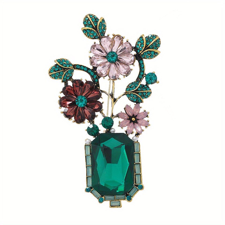 Vintage-Inspired French Green Crystal Vase Brooch Unique Niche Design Elegant Pin Luxury Fashion Accessory for Women