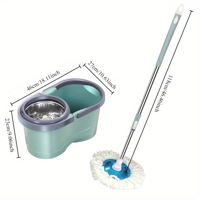 The Spin Mop and Bucket Set includes 6 pieces and comes with 4 Microfiber Heads. This manual floor cleaning system does not require electricity, making it easy to use. It features easy wringing and is suitable for the living room, kitchen, and bathroom.