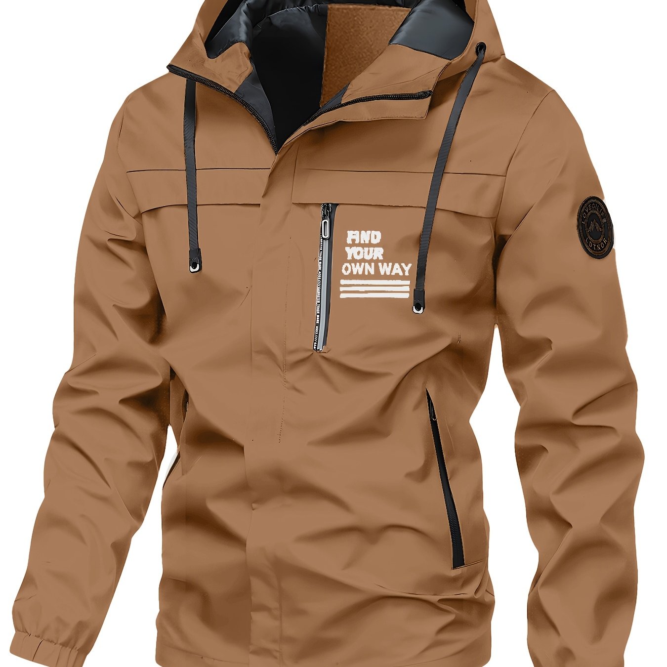 Men's Hooded Jacket with Stylish Letter Pattern, Zip-Up design, Pockets, and Machine Washable.