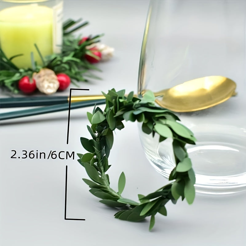 Set of 10, 6cm green leaf rattan ring napkin rings with PVC wire