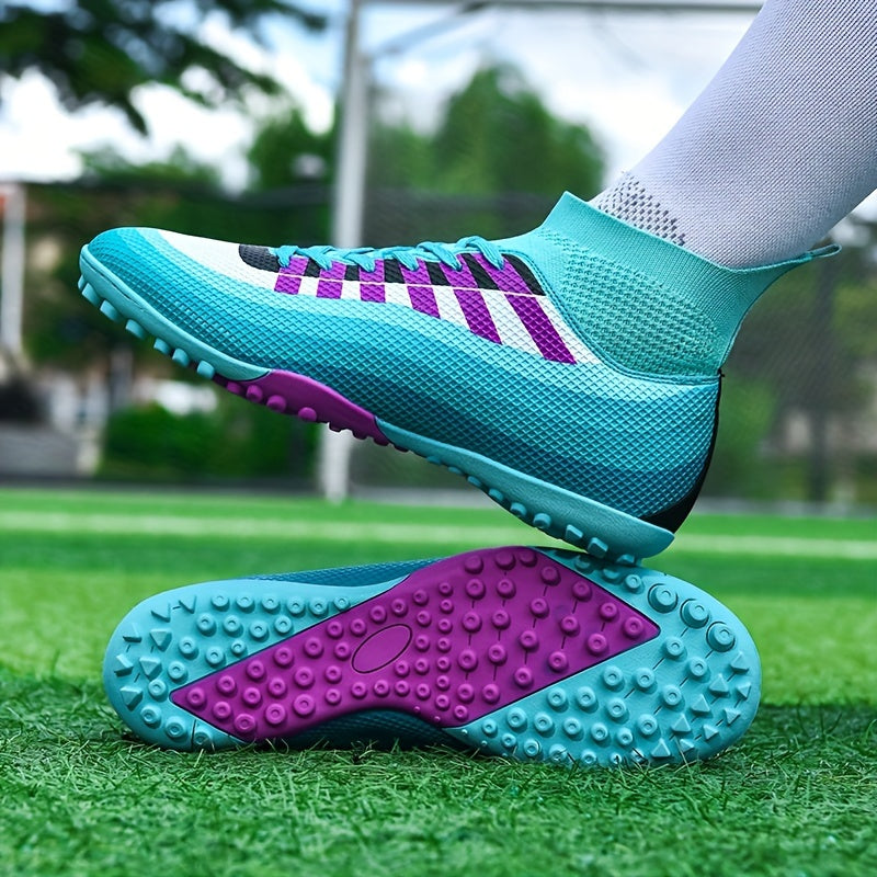 Men's trendy high top TF soccer shoes, durable and breathable for outdoor training and competition.