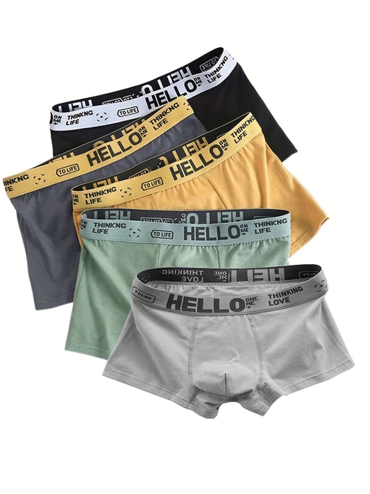 5 pieces of men's high stretch breathable boxer briefs made of a polyester elastane blend in a solid color, with a casual shortie panty type design. Fabric weight is 233g/㎡ & 111g/㎡.