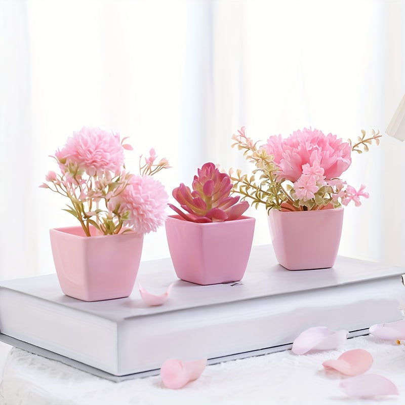 1 set of 3 mini decorative artificial flowers (rose, peach blossom, orchid pink) in small pots, perfect for weddings, home or office decor.